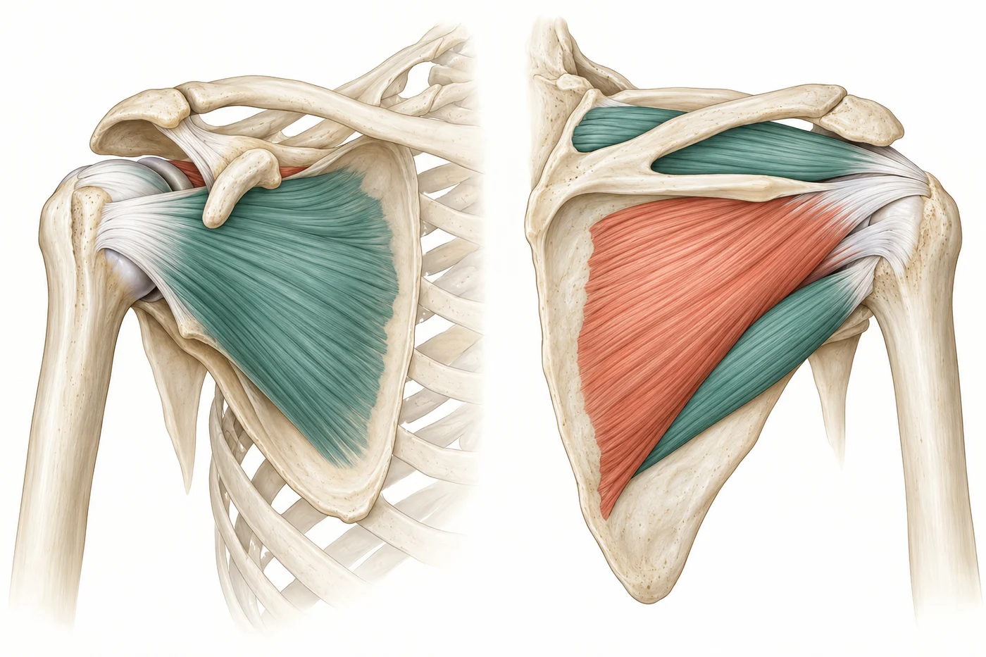 Ilustrasi edukatif anatomi bahu tampak depan dan belakang dengan fokus kelompok otot rotator cuff